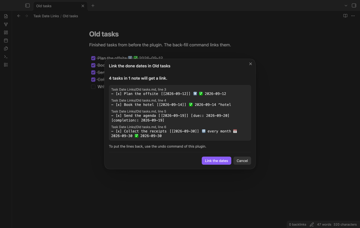 The preview window of a back-fill with four lines and the new links marked