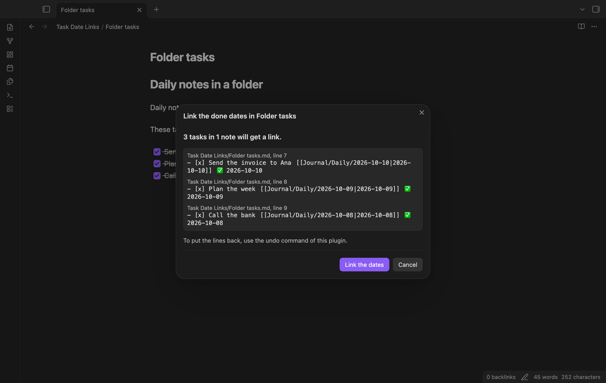The back-fill preview shows date links to Journal/Daily with the date as link text
