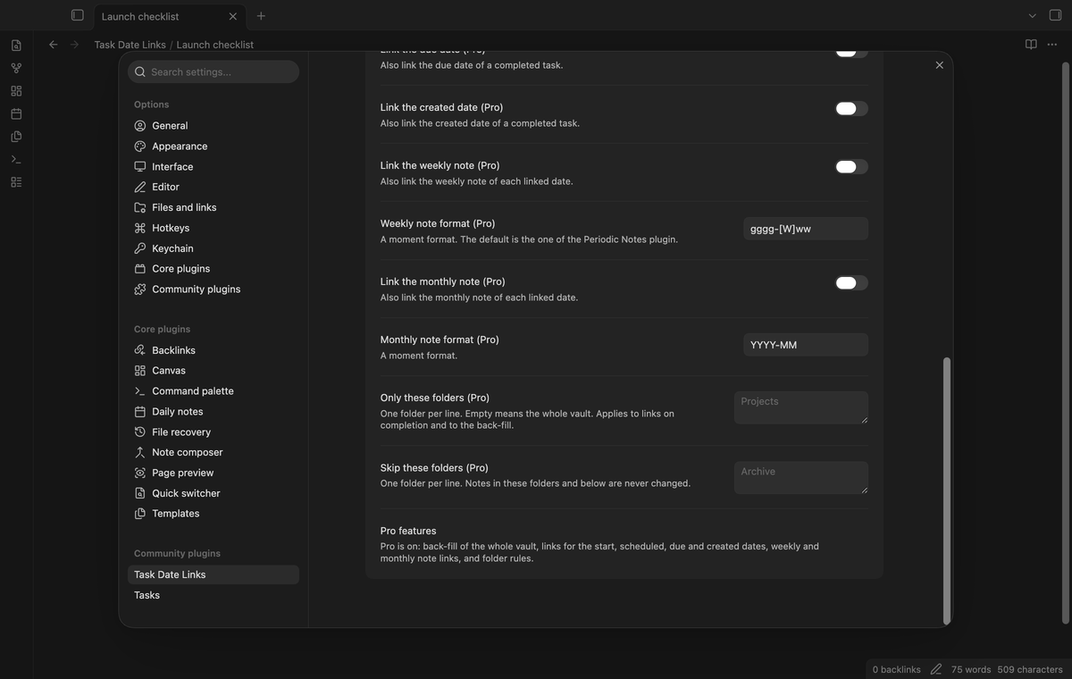 The Pro settings for the created date, the weekly and monthly notes and the folder rules