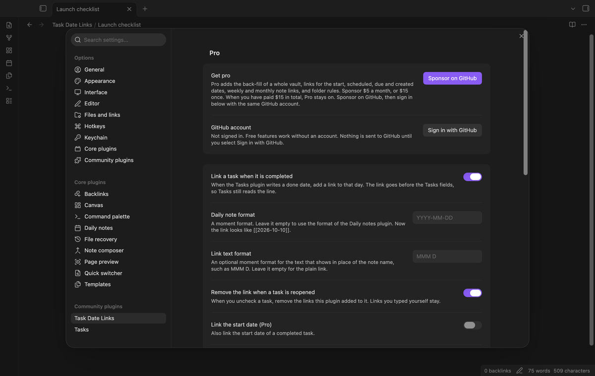 The settings tab with link on completion, the daily note format and the link text format