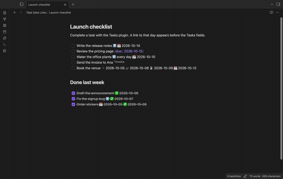Complete a task with the Tasks plugin and a link to today appears, then the back-fill of old done tasks