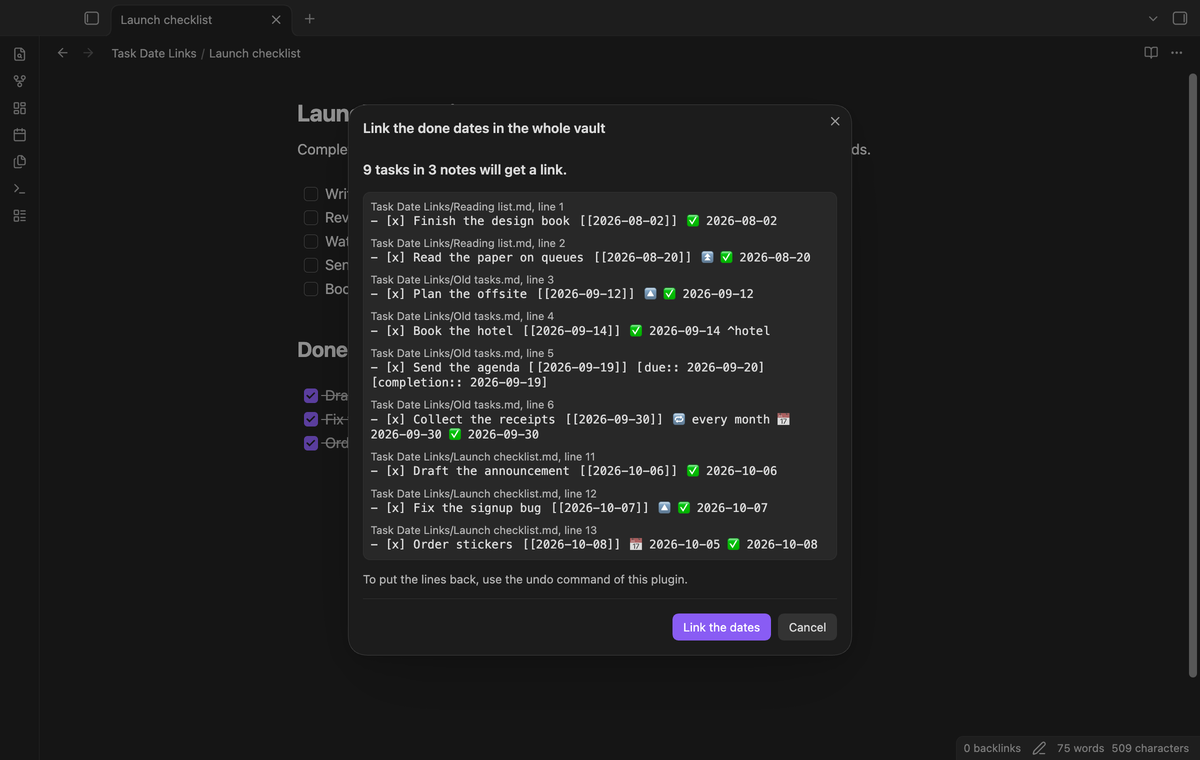 The preview window of a whole vault back-fill, with nine tasks in three notes