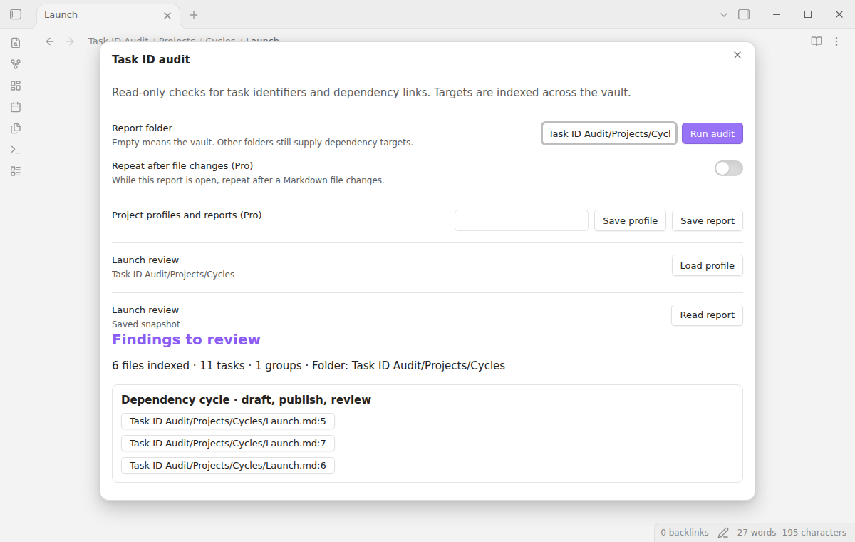 Named project profile and saved audit report controls