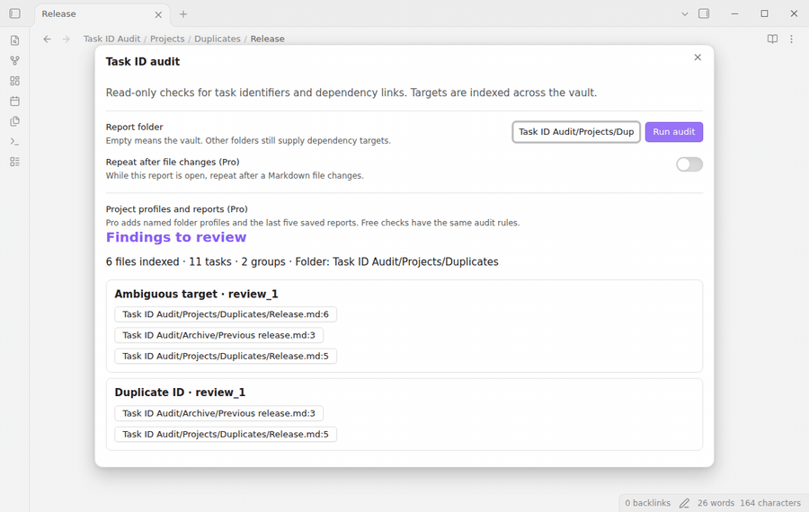 Audit sample project tasks, inspect a cycle, and open a source line