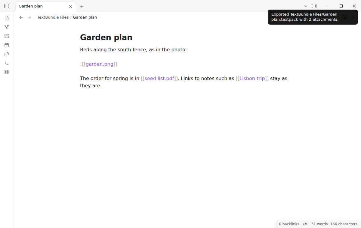 The Garden plan note after the export, with the notice that names the new TextPack and its two attachments