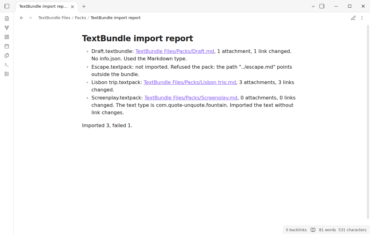 The TextBundle import report note with one line for each pack in the folder, and one refused pack