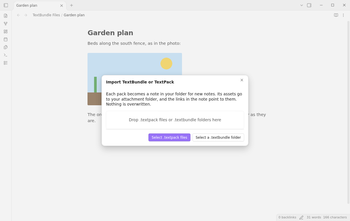 The import window with the drop area and the buttons to select .textpack files or a .textbundle folder