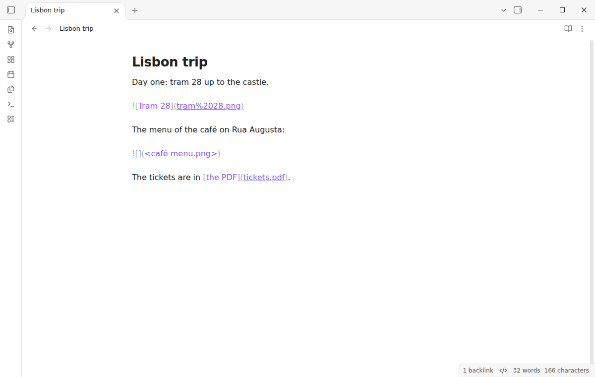 The source of the imported note with the links to the tram picture, the menu picture and the PDF in the vault