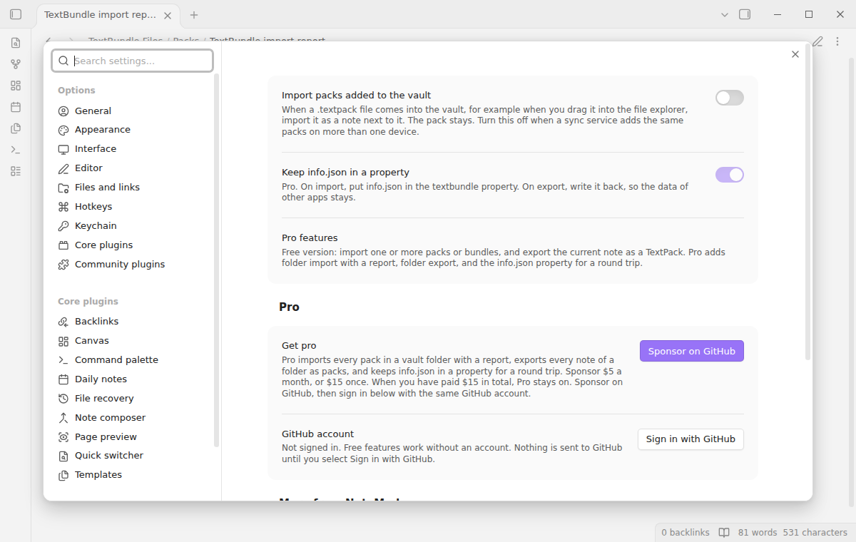 The settings tab with the auto import setting, the info.json property setting and the Pro section below them