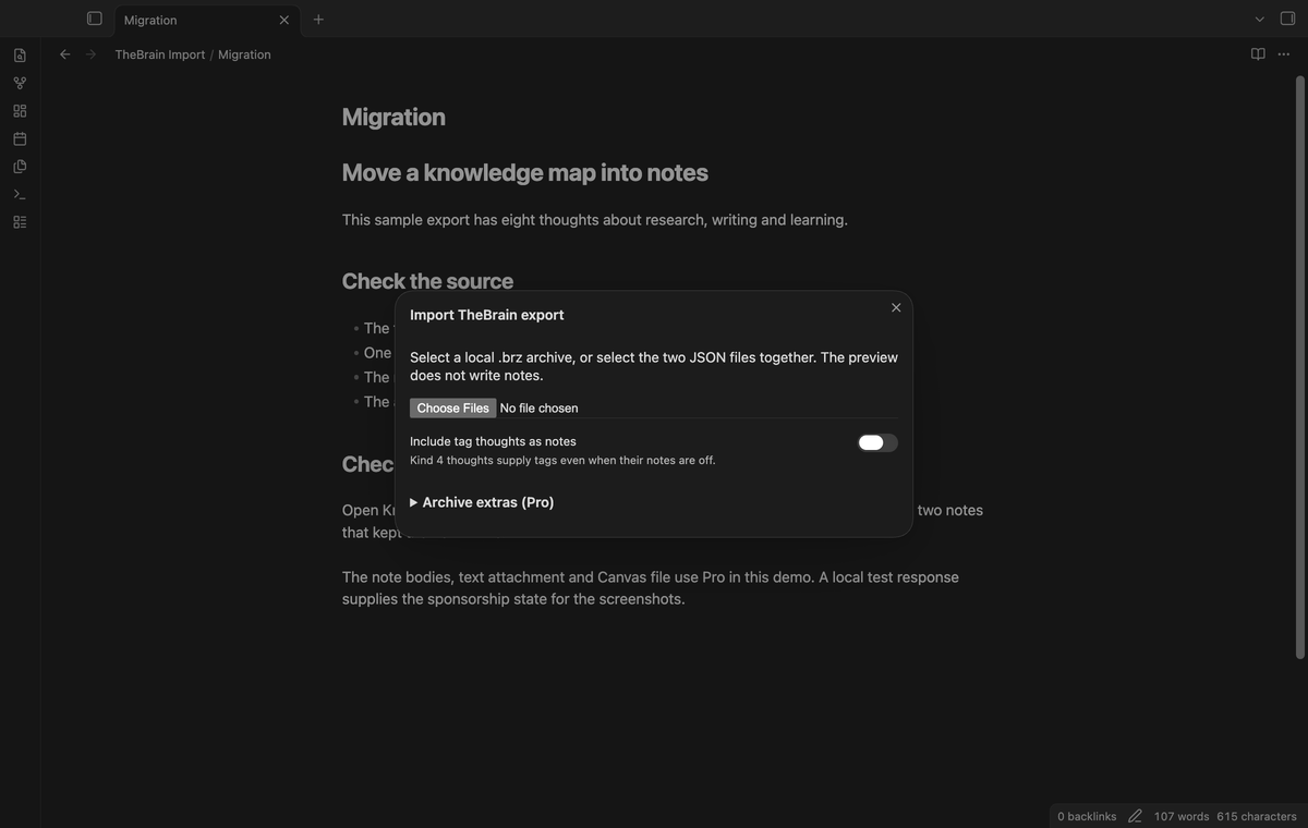 The import dialog above a sample migration note