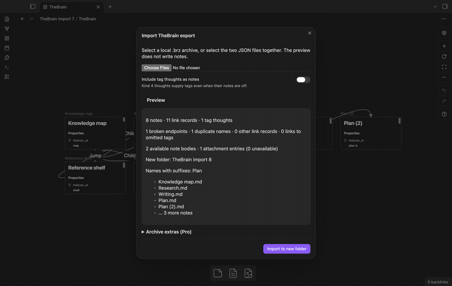 A local export preview followed by imported notes and the count report