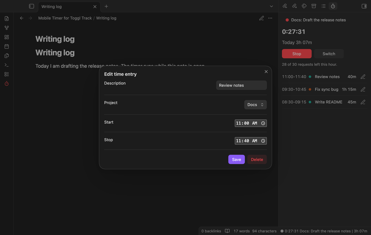 The Edit time entry window with description, project, start and stop