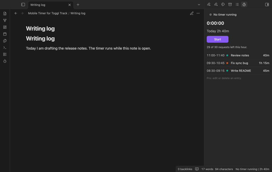 The timer panel with no timer, the Start timer window, a running timer of 27 minutes, and the timer stopped