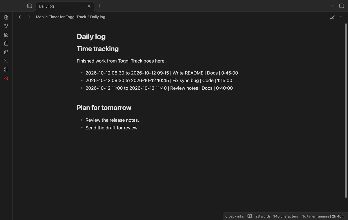 Finished Toggl entries under Time tracking in a daily note, with the next section below