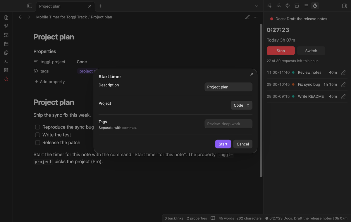The Start timer window with a project list set to Code and a tags field