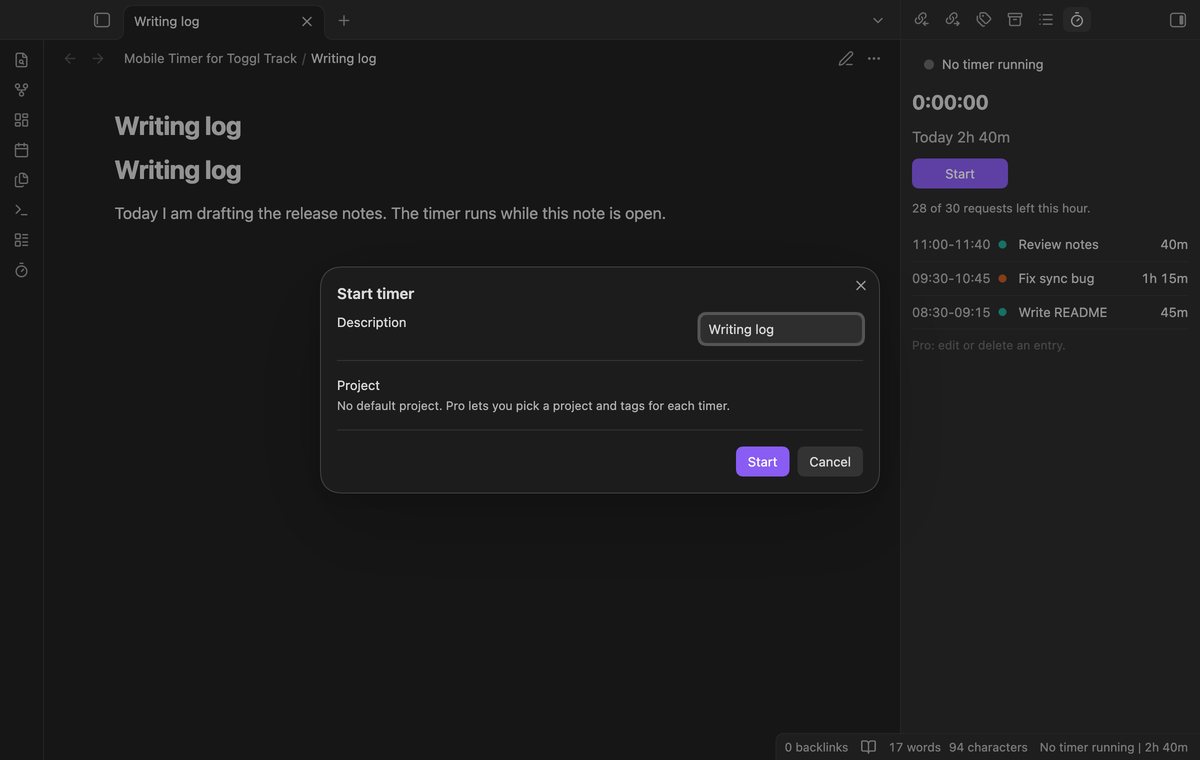 The Start timer window with the note name as the description and the default project below it