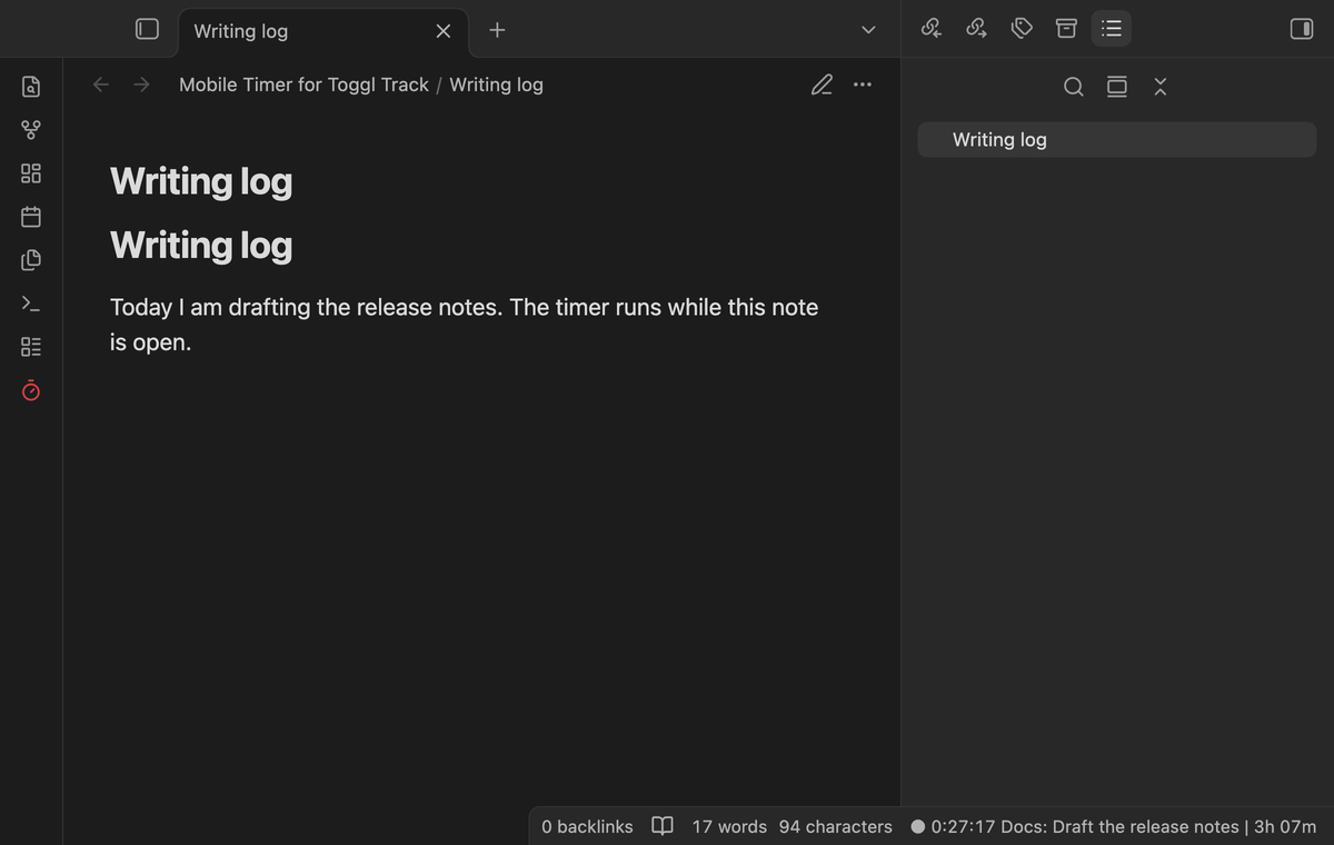 The status bar with a running timer, its description and today's total