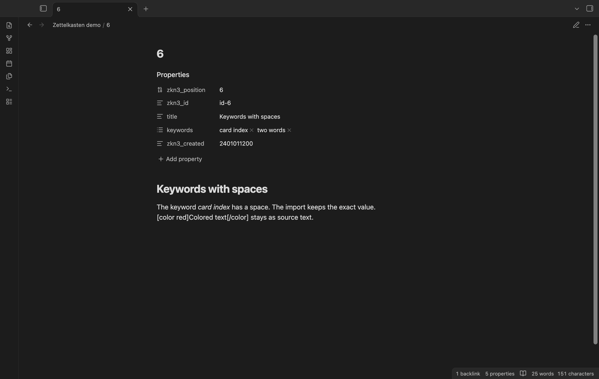 An imported note with exact keyword values and color markup kept as source text