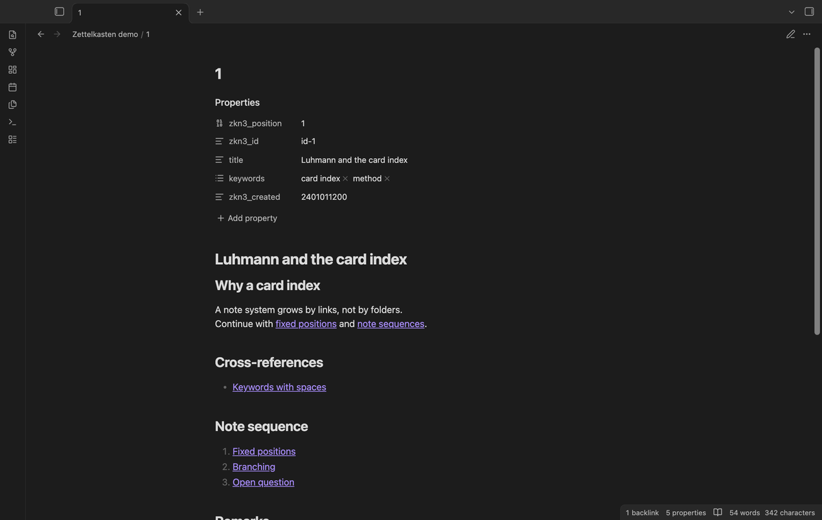 An imported note with a note link, a cross-reference section and a note sequence section