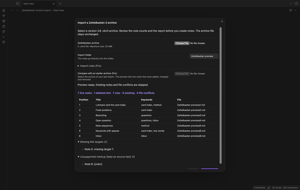 The import window with 7 live notes, 1 deleted slot and the report lists