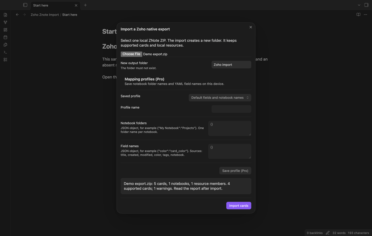 The import dialog with a selected native export and card counts