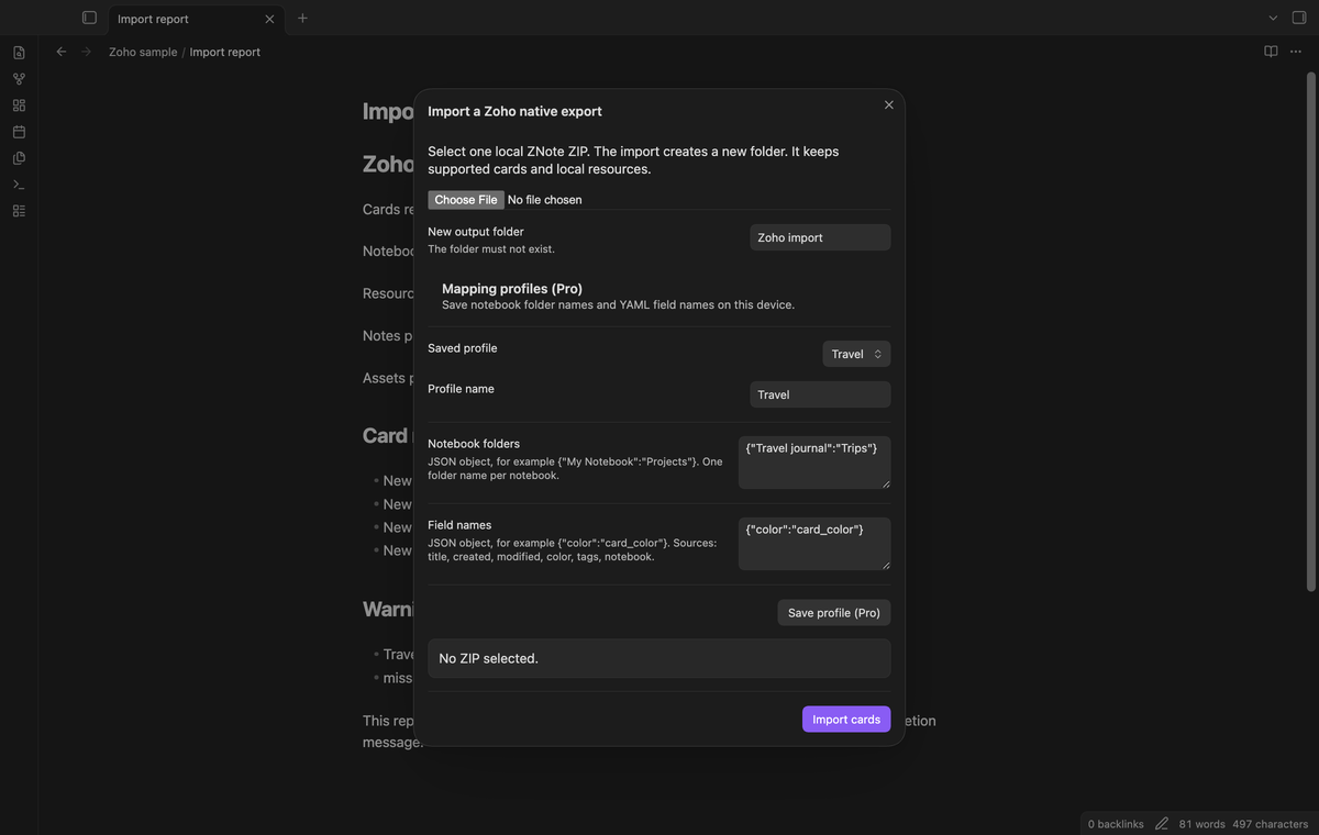 A saved profile with notebook and field mappings