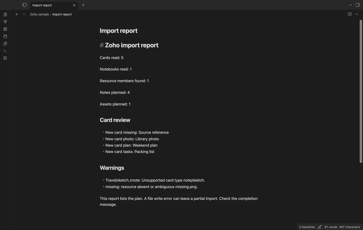 An import report with an unsupported sketch and a missing resource warning