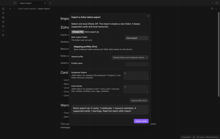 Select a native export, read imported tasks, and inspect the report