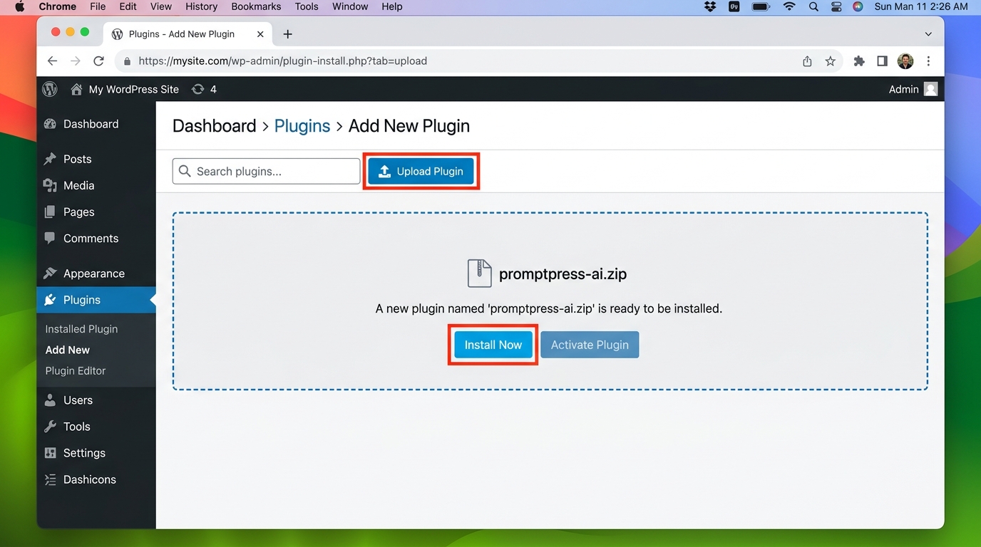 PromptPress AI Plugin Installation in WordPress
