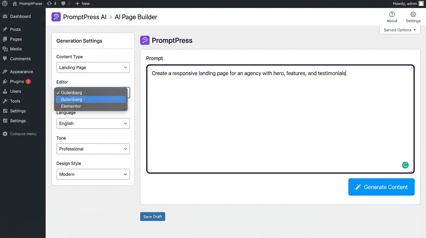 PromptPress AI Page Builder Dashboard