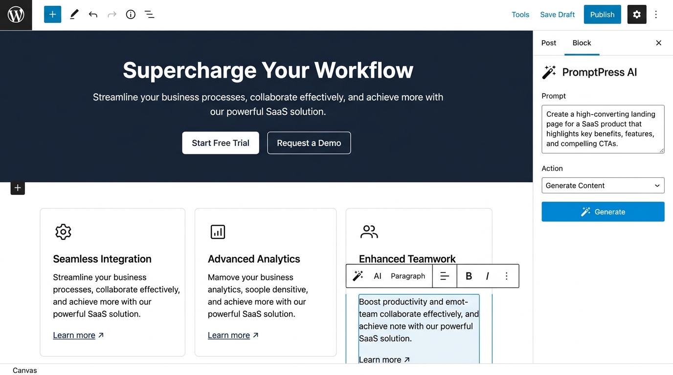 Gutenberg Block Editor with PromptPress AI Sidebar