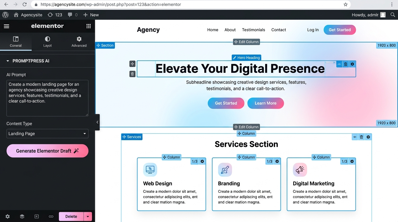 PromptPress AI in Elementor Page Builder