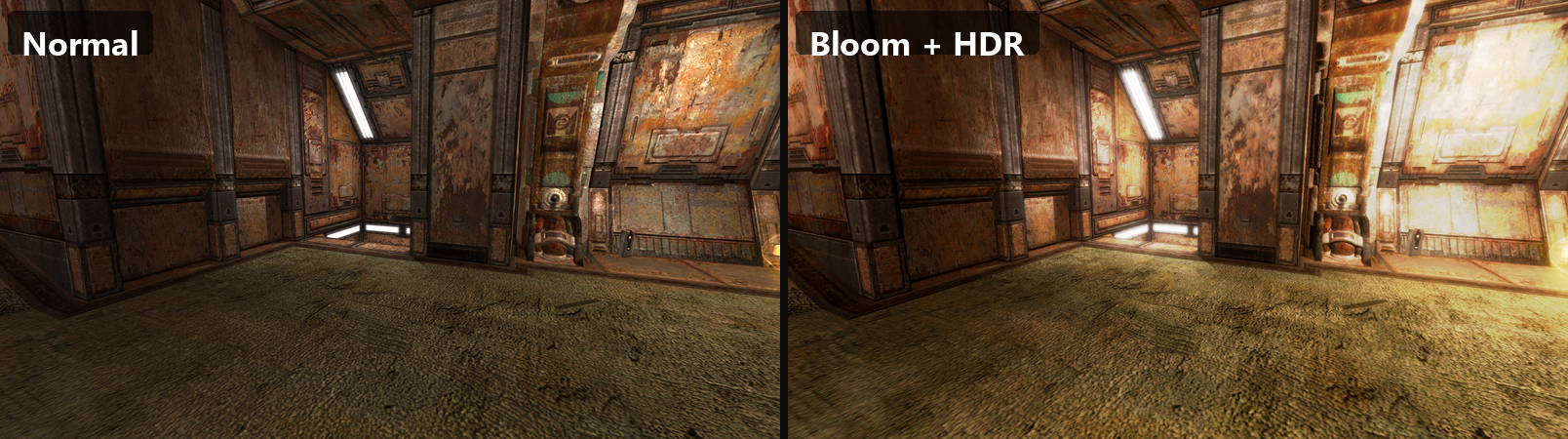 openQ4 bloom and HDR side-by-side comparison on mp q4dm2