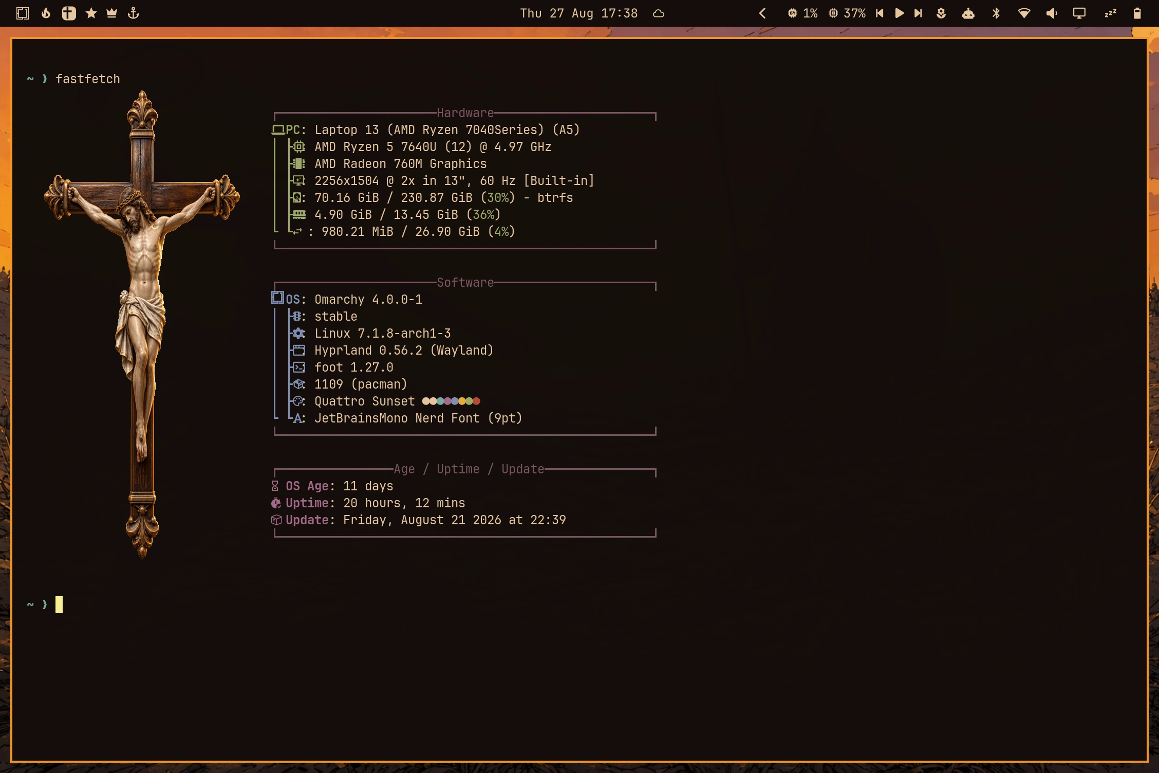 Quattro Sunset terminal palette shown with Fastfetch