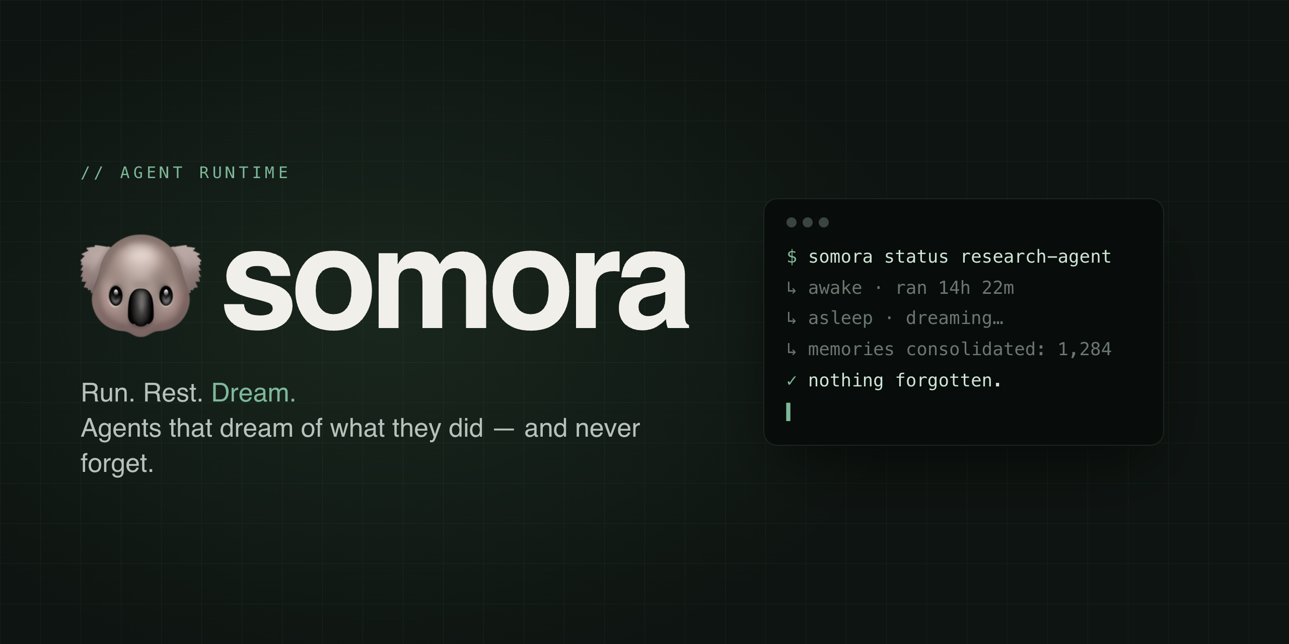 somora — agent runtime. Run. Rest. Dream. Agents that dream of what they did and never forget.