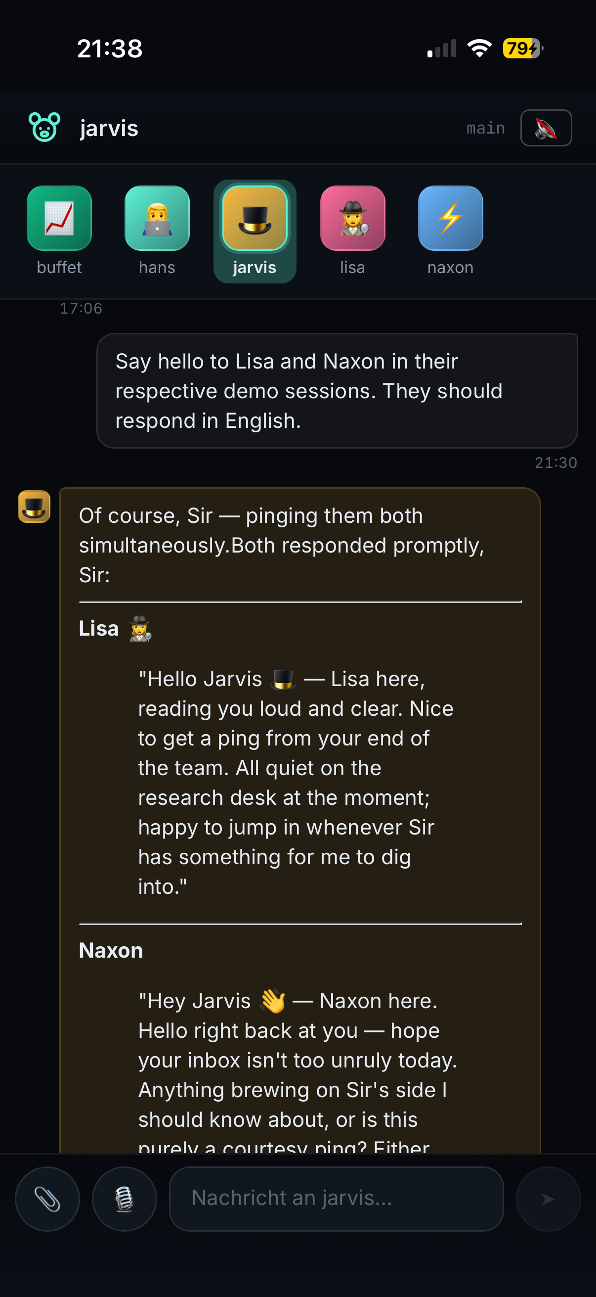 somora mobile PWA screenshot — avatar row at the top, A2A reply from jarvis quoting both lisa and naxon, paperclip + camera + mic + send input bar at the bottom