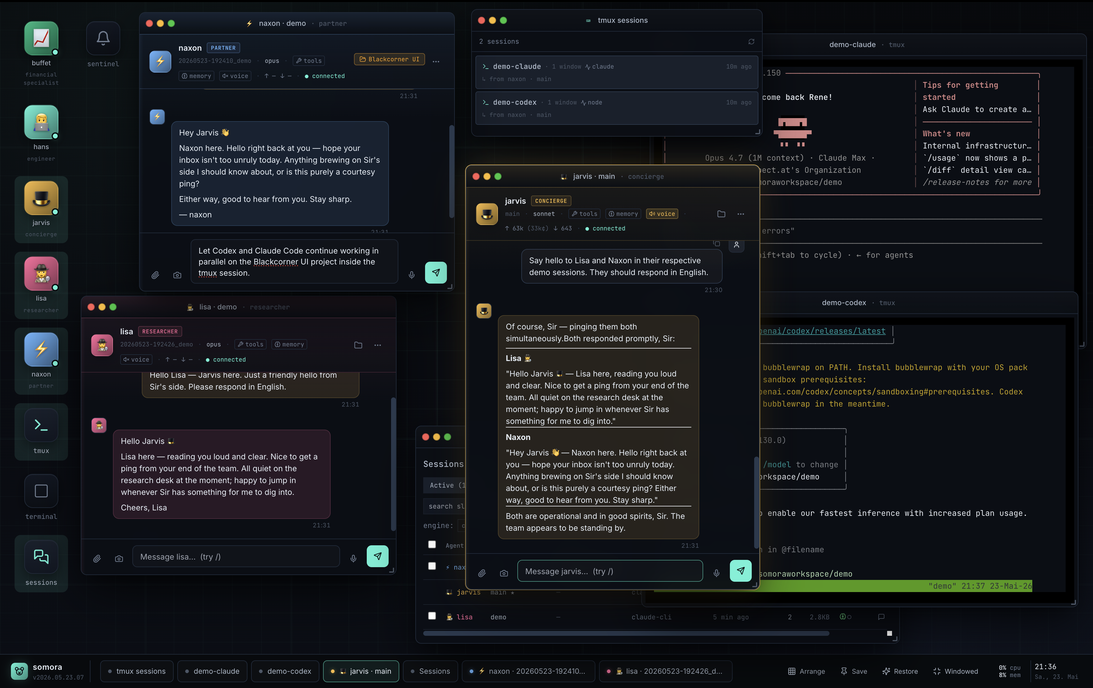somora web screenshot — browser desktop with multi-window chat, agent dock, and tmux app