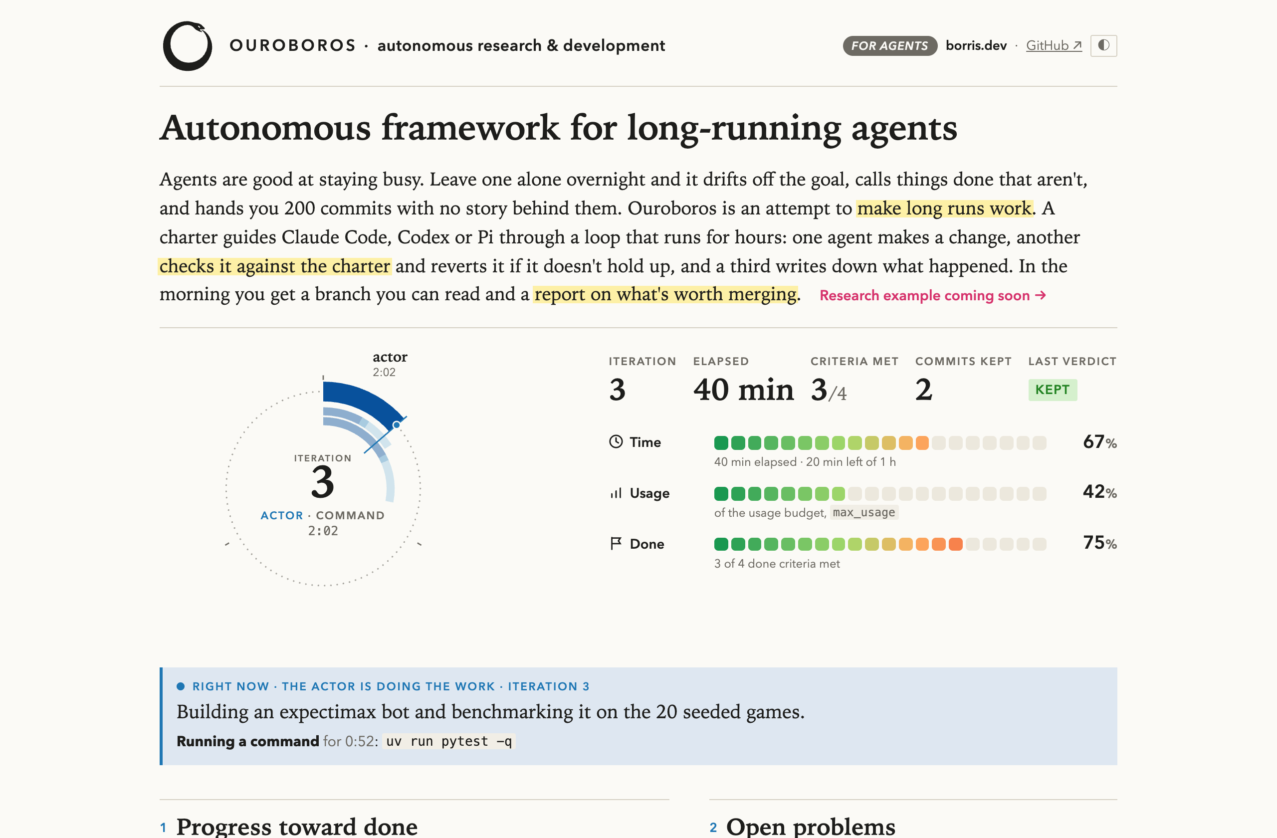 The borris.dev page in the style of an Ouroboros run report: the loop as a dial, the key figures, and gauges for time, usage and progress toward done