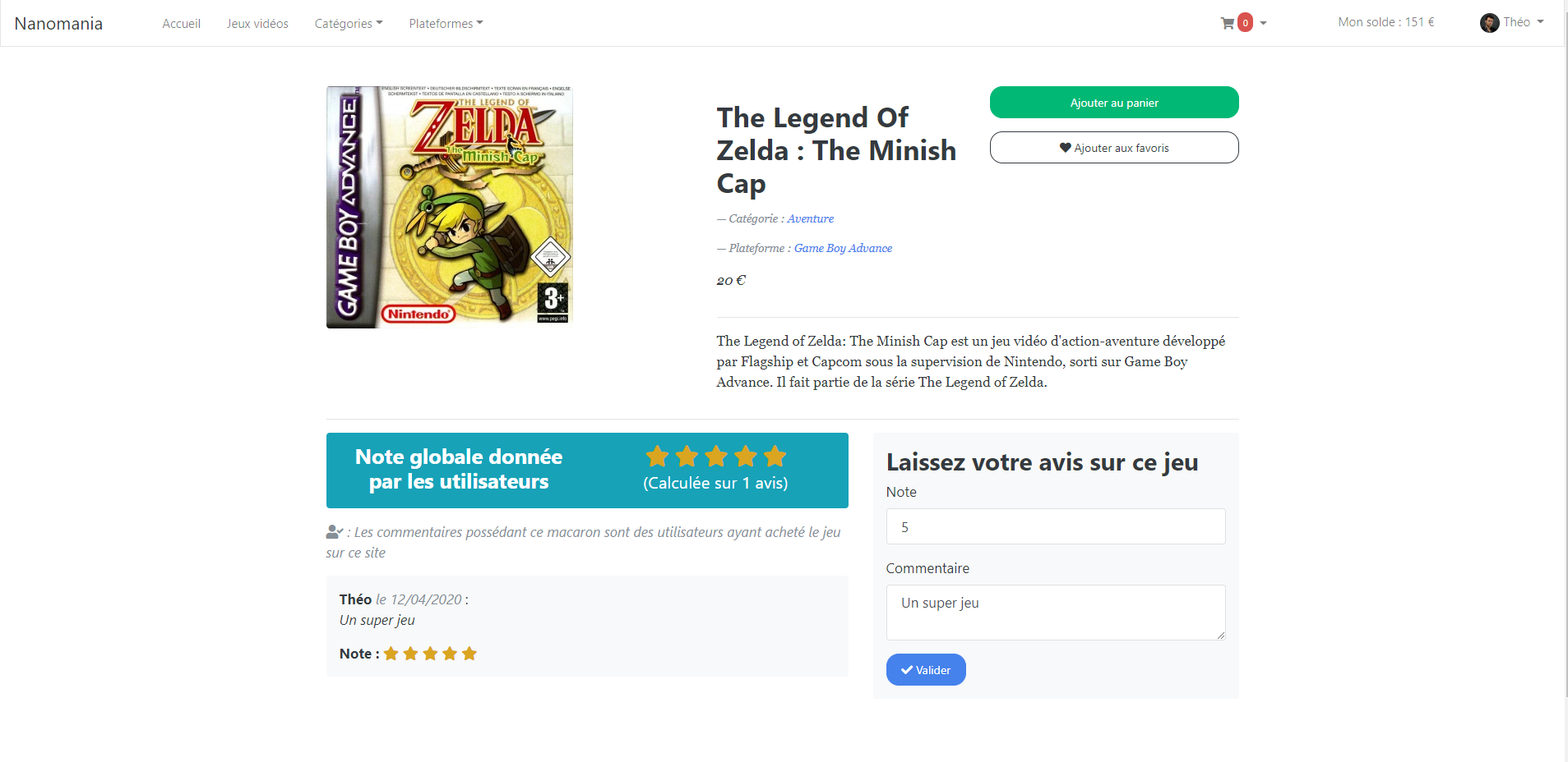 Page de détail d'un jeu en étant connecté