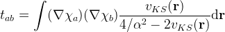 t_{ab} = \int (\nabla \chi_a) (\nabla \chi_b) \frac{v_{KS}(\mathbf{r})}{4/\alpha^2 - 2v_{KS}(\mathbf{r})} \mathrm{d}\mathbf{r}