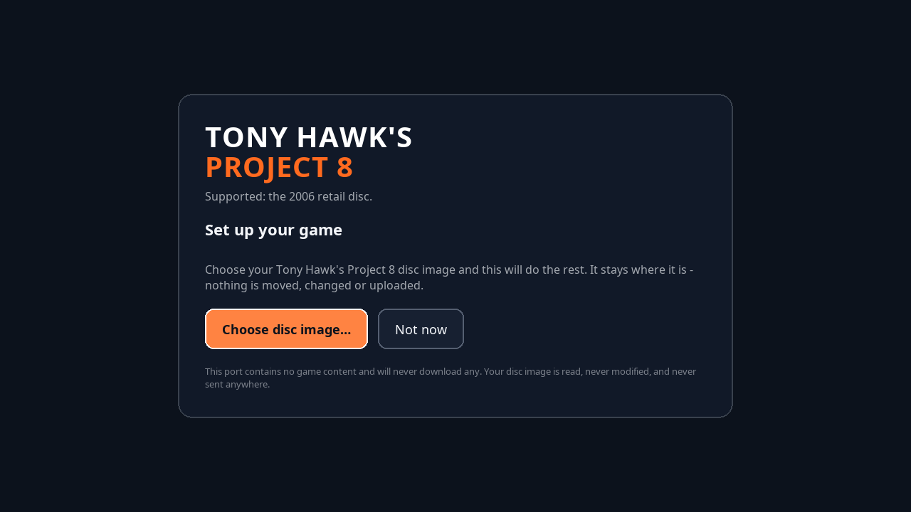 The launcher's first-run screen, asking for a disc image