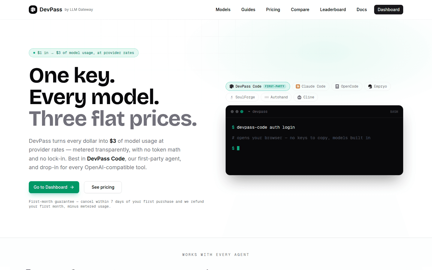 DevPass — one key, every model, three flat prices