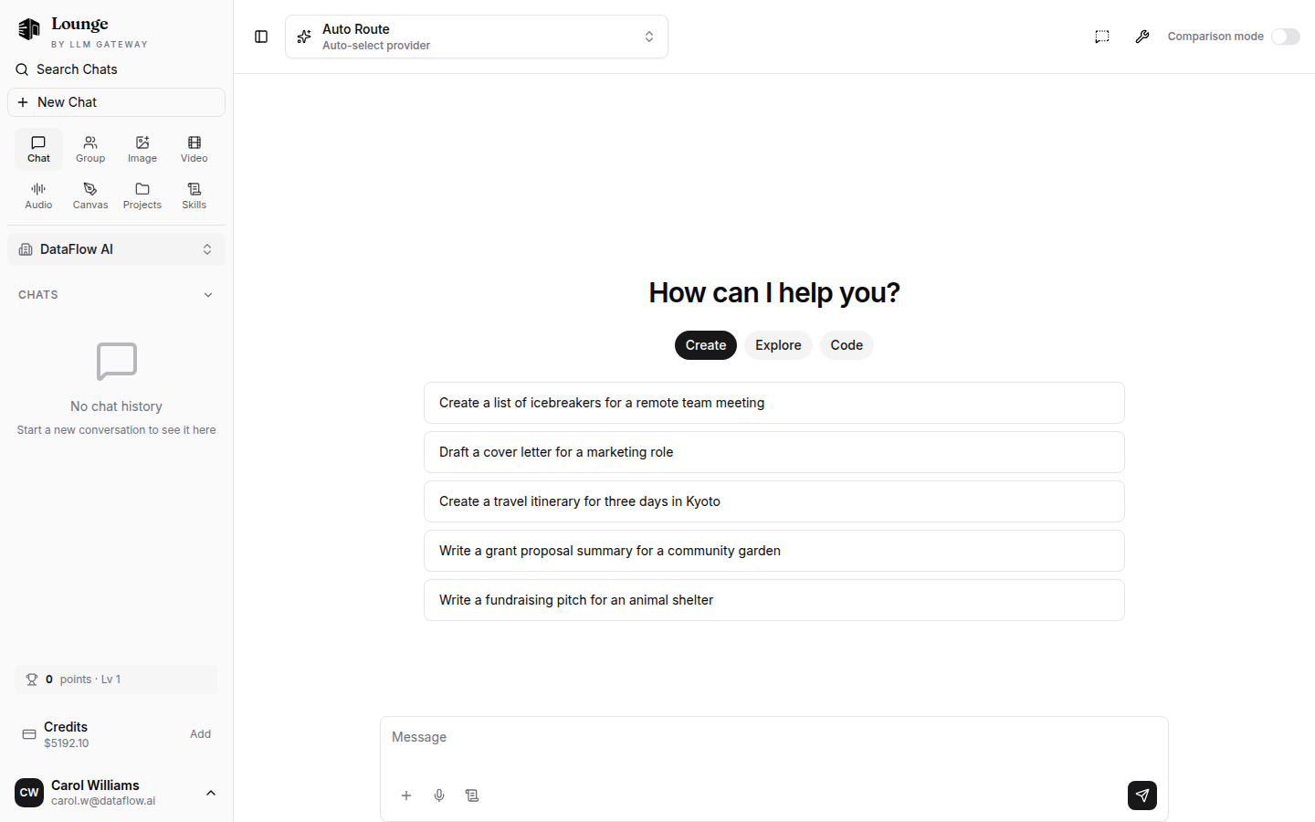 Lounge — chat, group chat, image, video, audio and canvas studios