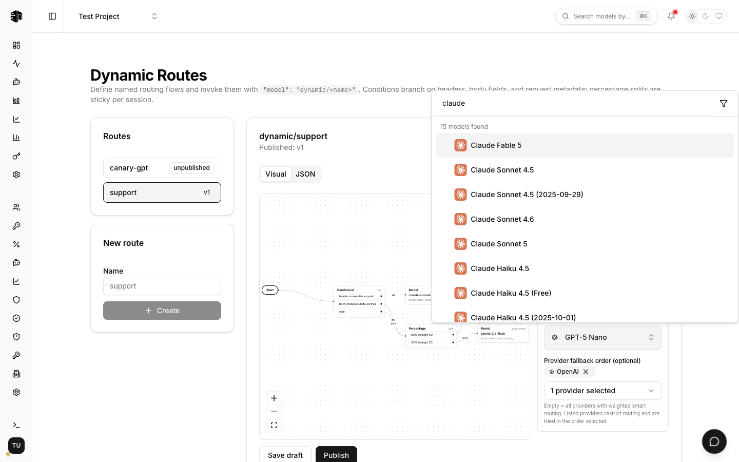 Model node inspector with searchable model picker showing family logos