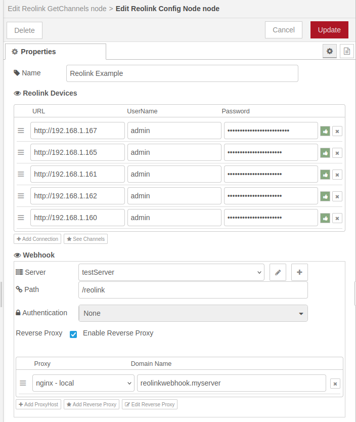 Reolink Config Node editor