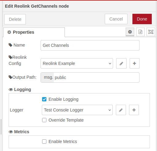 Reolink Get Channels Node editor