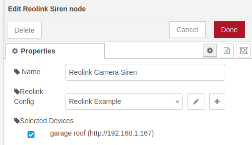 Reolink Siren Node editor