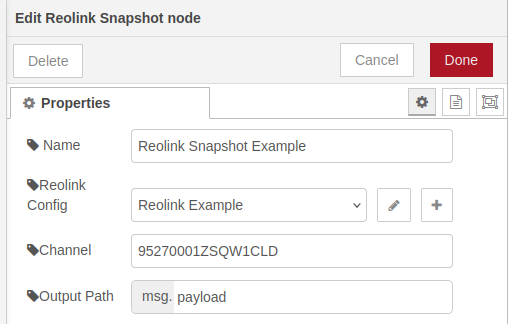 Reolink Snapshot Node editor