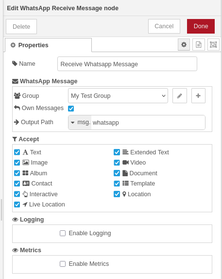WhatsApp Receive Message node