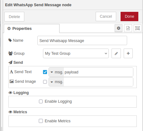 WhatsApp Send Message node